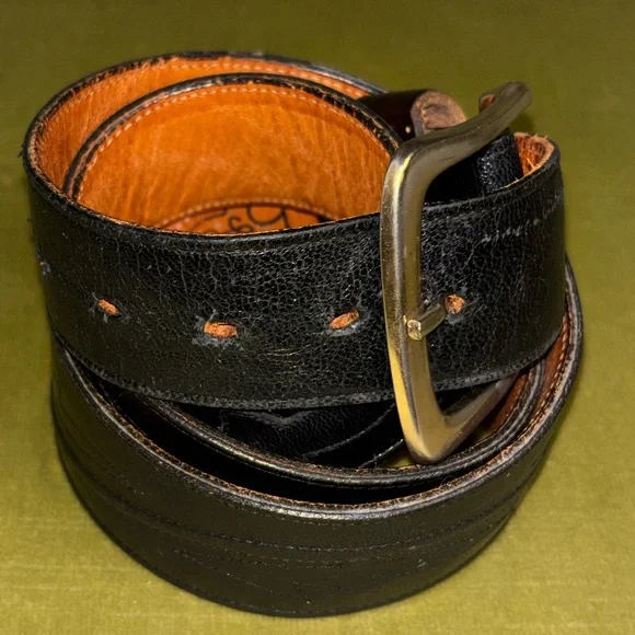 Lucchese Black Leather Belt with Gold Single Prong Buckle Retro Size 42 - Picture 5 of 8